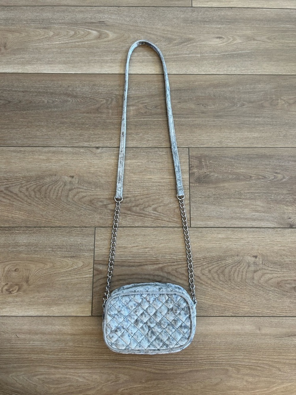 Express Quilted Velvet Mini Crossbody Bag Gray Chain Strap